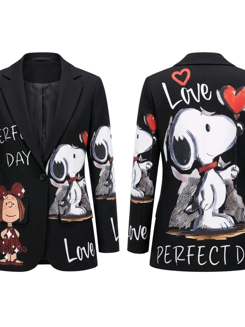 Black Graphic Snoopy Print Blazer - Women’s Suit Jacket